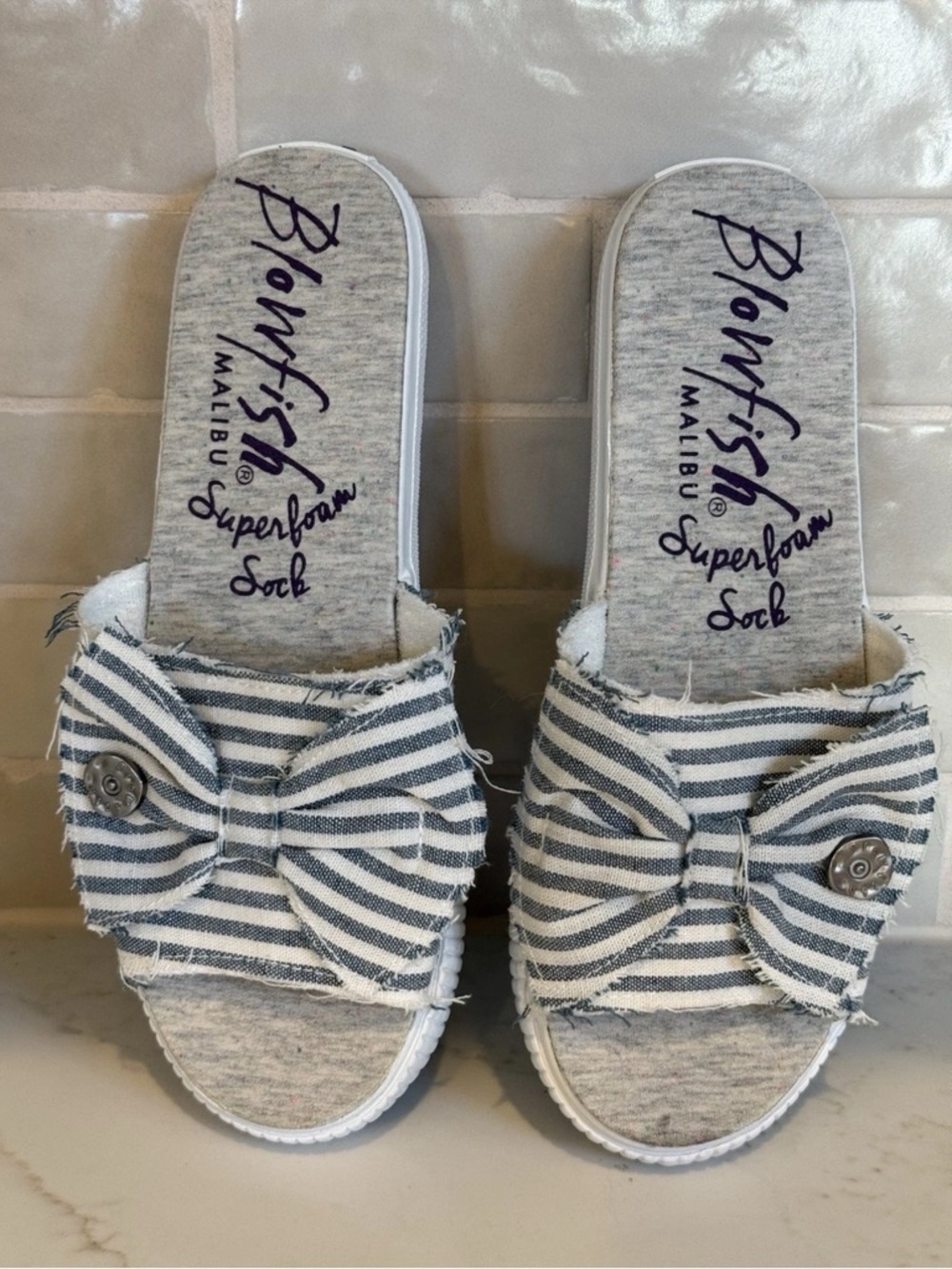 Blowfish Felina Striped Bow SlidesMules in Denim Blue & White - 6.5